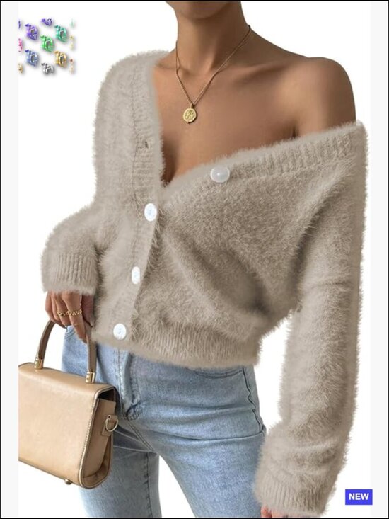 Sweaters - Furry Cropped Cardigan Batwing Sleeves Open Front V-Neck Button Down Loose